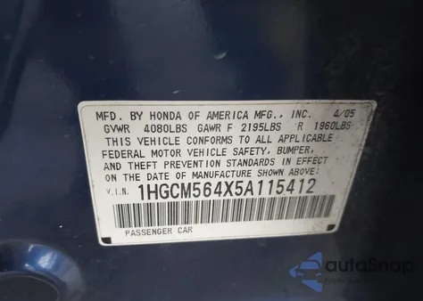 2005 Honda Accord 2.4 Lx from USA, damaged, VIN 1HGCM564X5A115412